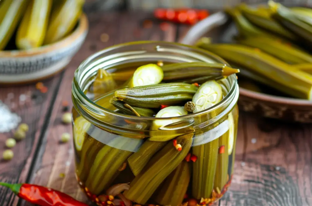 A jar of freshly made pickled okra with red chile peppers and dill, showcasing vibrant green okra pods immersed in tangy brine.