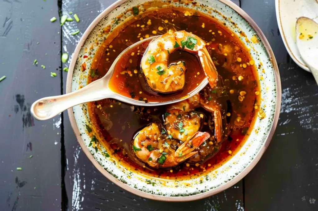 A pot of seafood boil sauce simmering on the stove, filled with butter, garlic, onions, and spices.