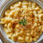 Creamy homemade mac and cheese topped with crispy breadcrumbs in a white casserole dish