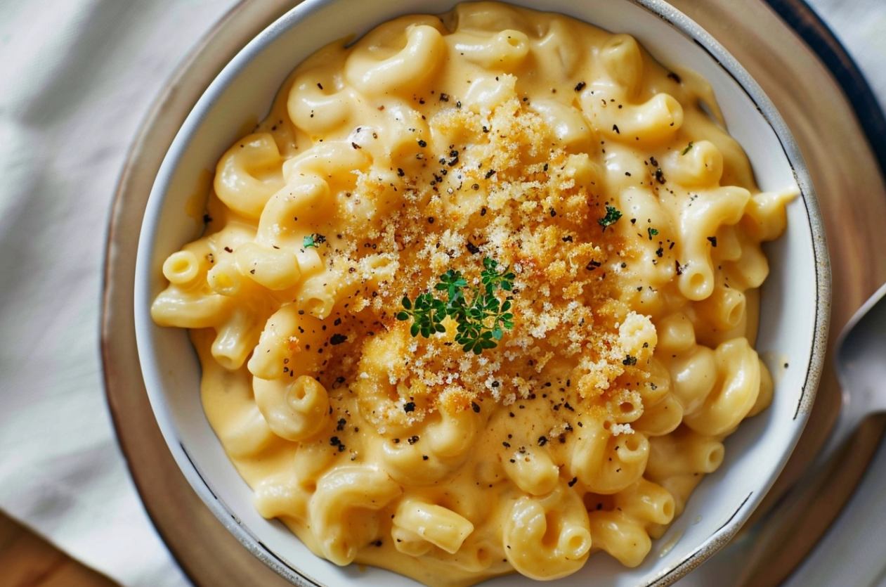 Creamy homemade mac and cheese topped with crispy breadcrumbs in a white casserole dish