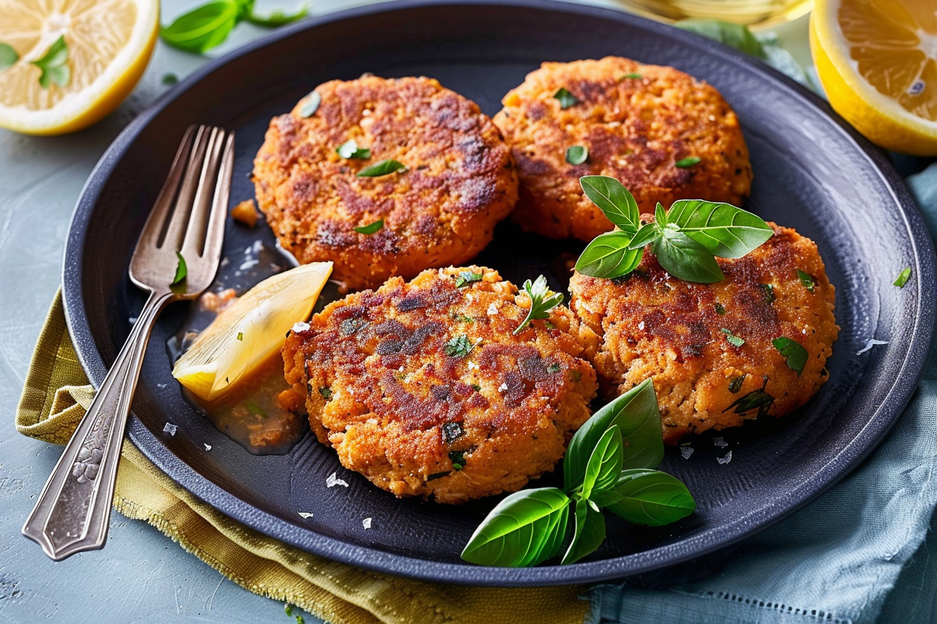 Golden-brown salmon patties served on a white plate with lemon wedges and a side of tartar sauce.