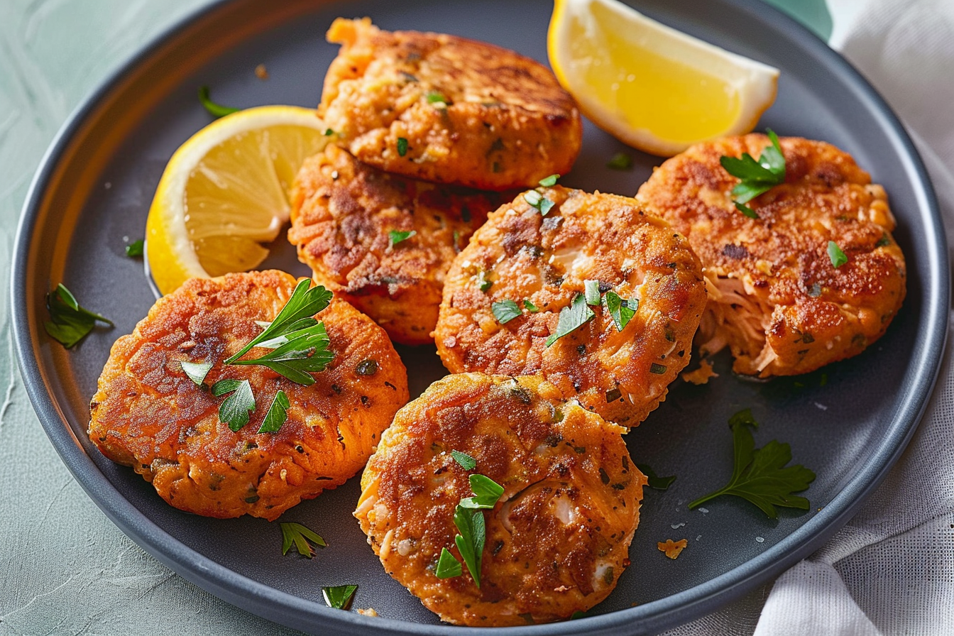 Golden-brown salmon patties served on a white plate with lemon wedges and a side of tartar sauce. 