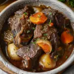 A delicious and tender braised beef dish with carrots, mushrooms, and fresh herbs, perfect for a hearty meal.