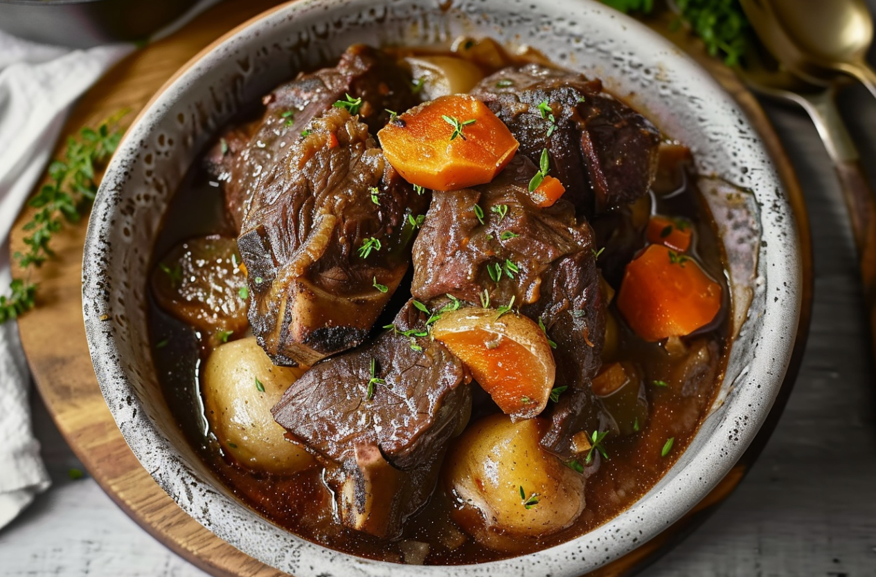 A delicious and tender braised beef dish with carrots, mushrooms, and fresh herbs, perfect for a hearty meal.