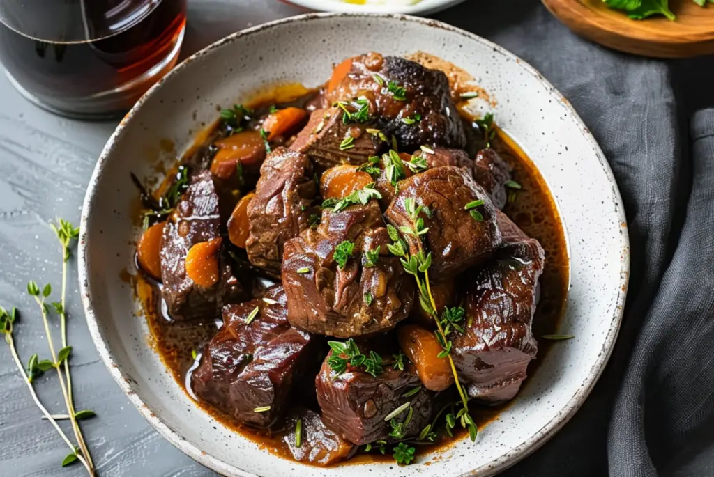 "A delicious and tender braised beef dish with carrots, mushrooms, and fresh herbs, perfect for a hearty meal."