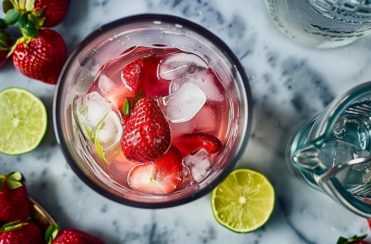 A vibrant strawberry margarita served in a salted rim glass, garnished with a fresh strawberry slice.