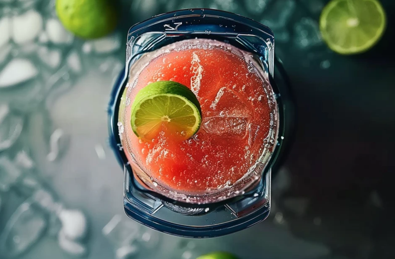 A vibrant strawberry margarita served in a salted rim glass, garnished with a fresh strawberry slice.