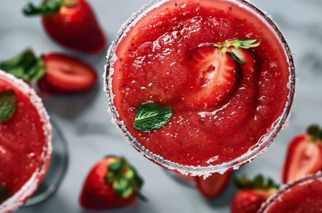 A vibrant strawberry margarita served in a salted rim glass, garnished with a fresh strawberry slice.