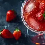 A vibrant strawberry margarita served in a salted rim glass, garnished with a fresh strawberry slice.