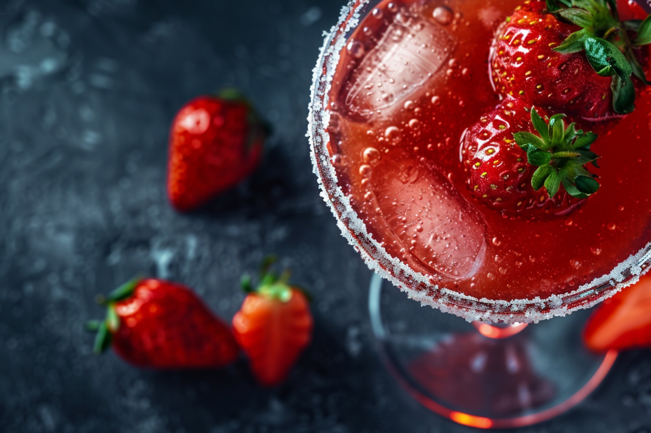 A vibrant strawberry margarita served in a salted rim glass, garnished with a fresh strawberry slice.