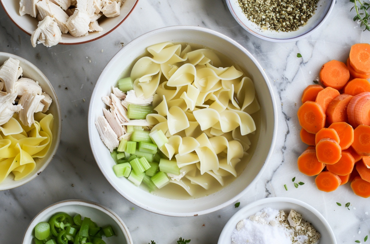 Bowl of chicken and noodles with carrots and celery in a rich broth.