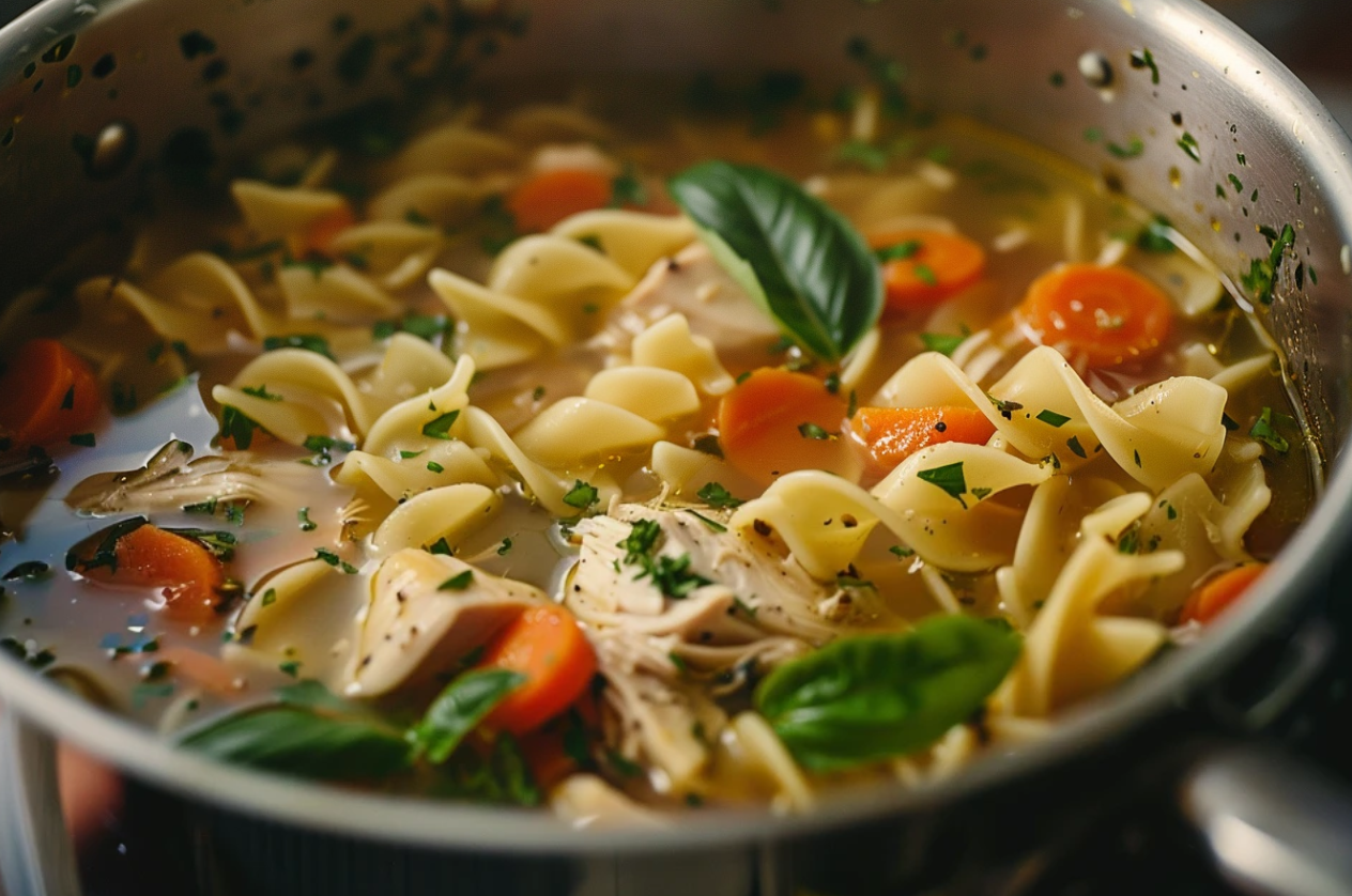 Bowl of chicken and noodles with carrots and celery in a rich broth.