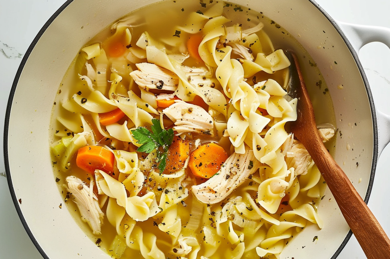 Bowl of chicken and noodles with carrots and celery in a rich broth.