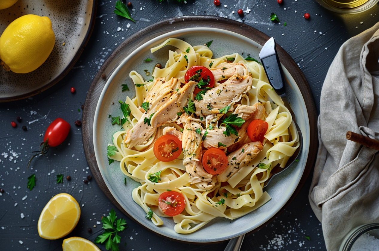 Bowl of chicken and noodles with carrots and celery in a rich broth.