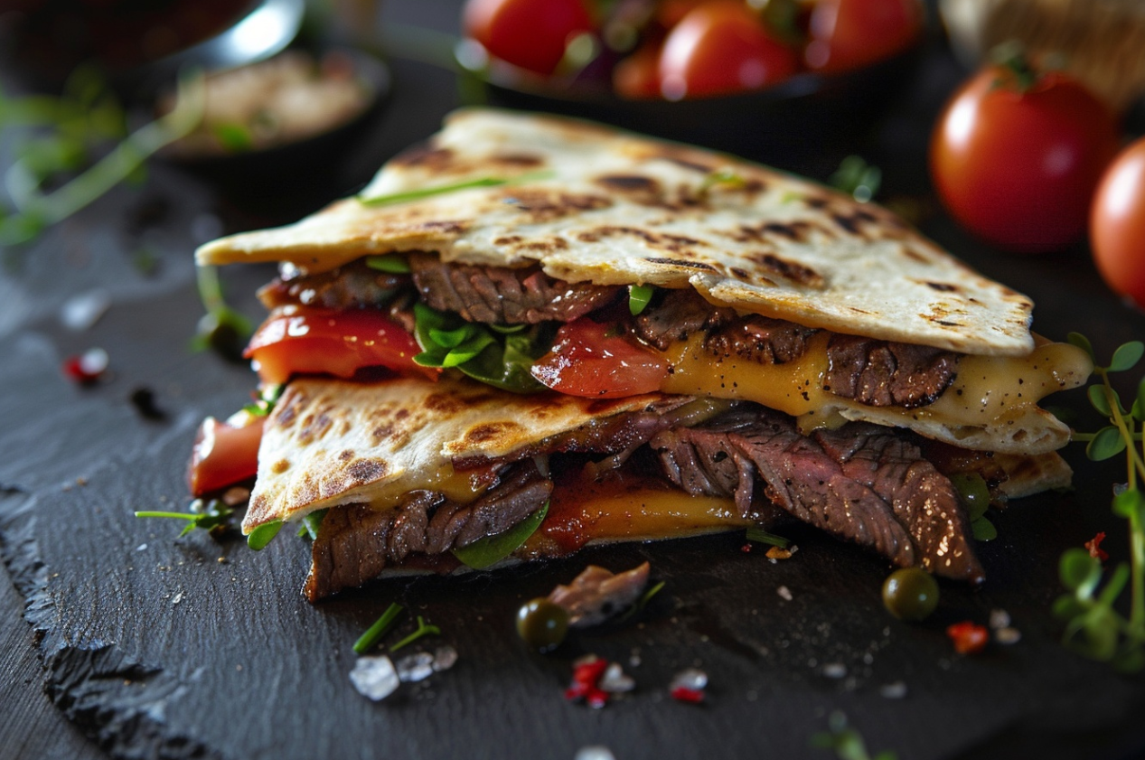 A delicious steak quesadilla with melted cheddar cheese, grilled to perfection, served with a side of guacamole and salsa.