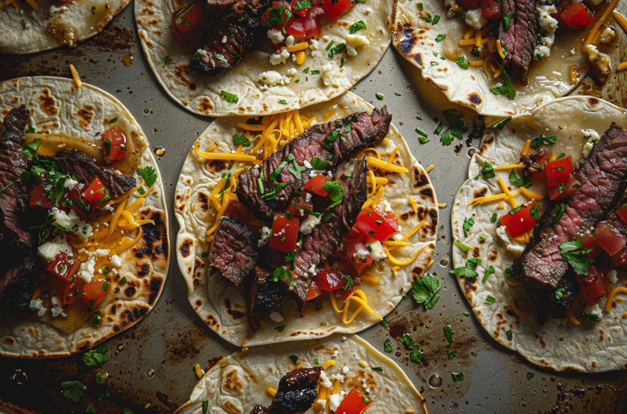 A delicious steak quesadilla with melted cheddar cheese, grilled to perfection, served with a side of guacamole and salsa.

