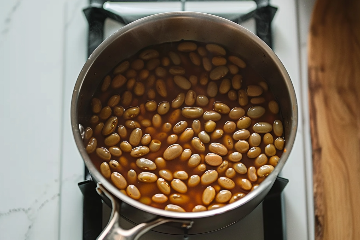 A bowl of homemade baked beans garnished with fresh parsley.