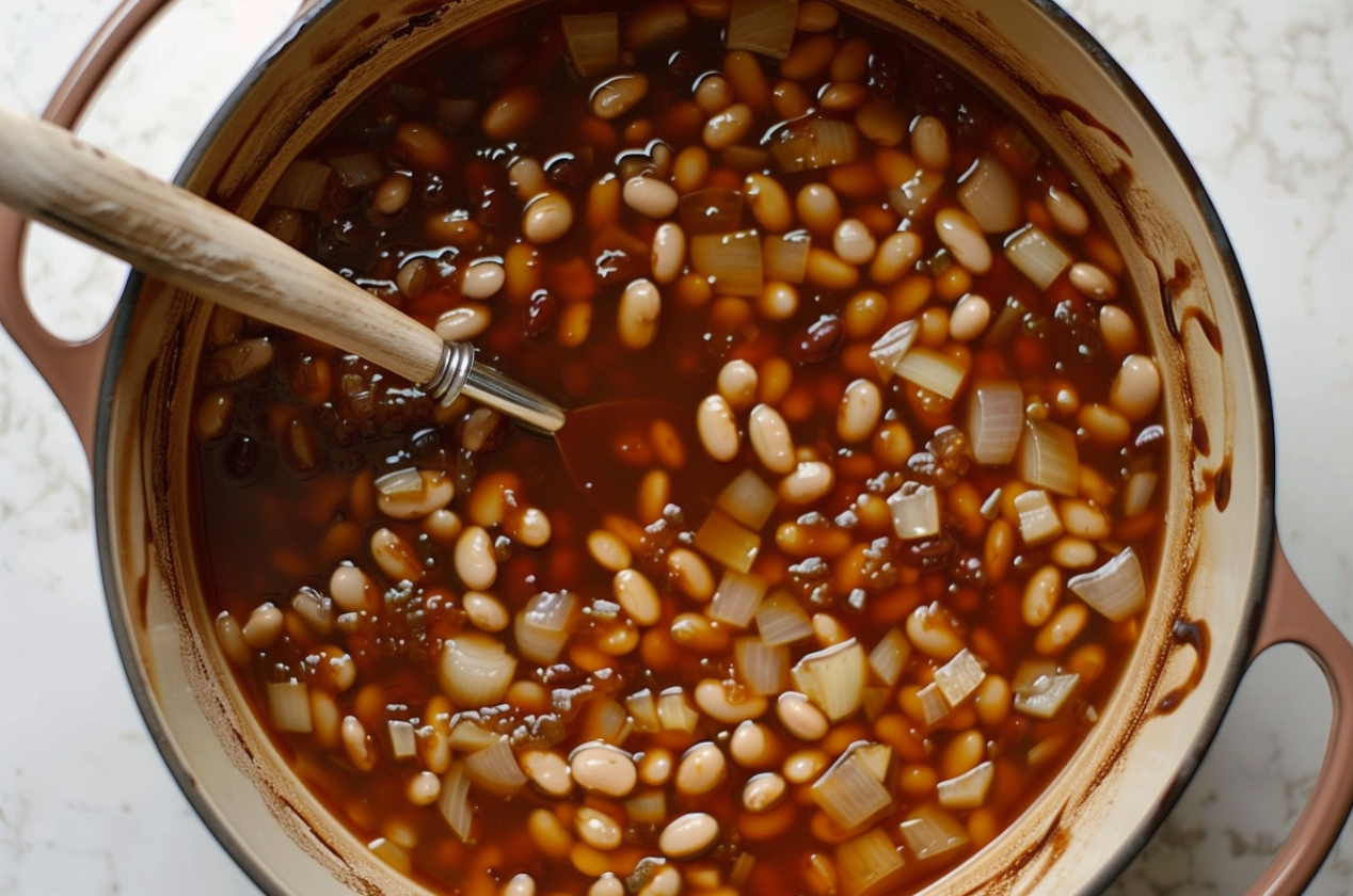  A bowl of homemade baked beans garnished with fresh parsley.