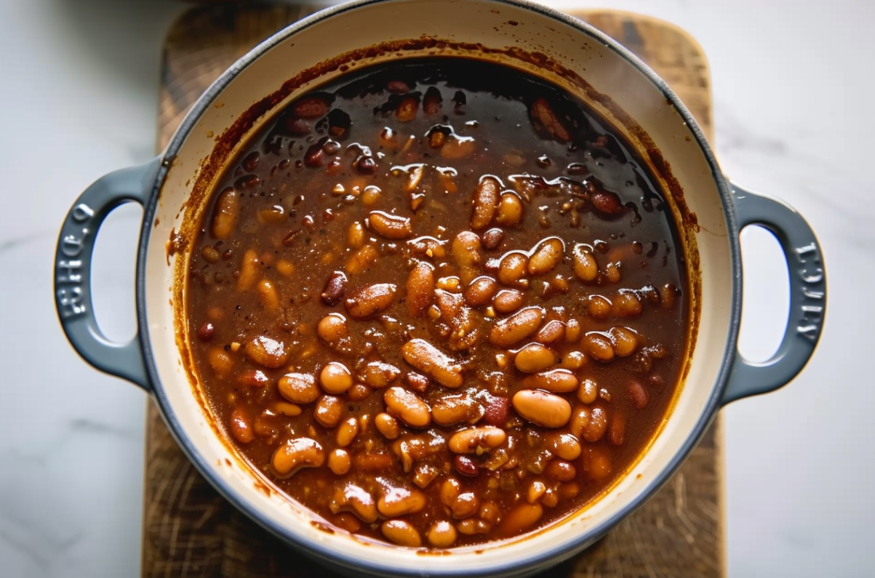  A bowl of homemade baked beans garnished with fresh parsley.