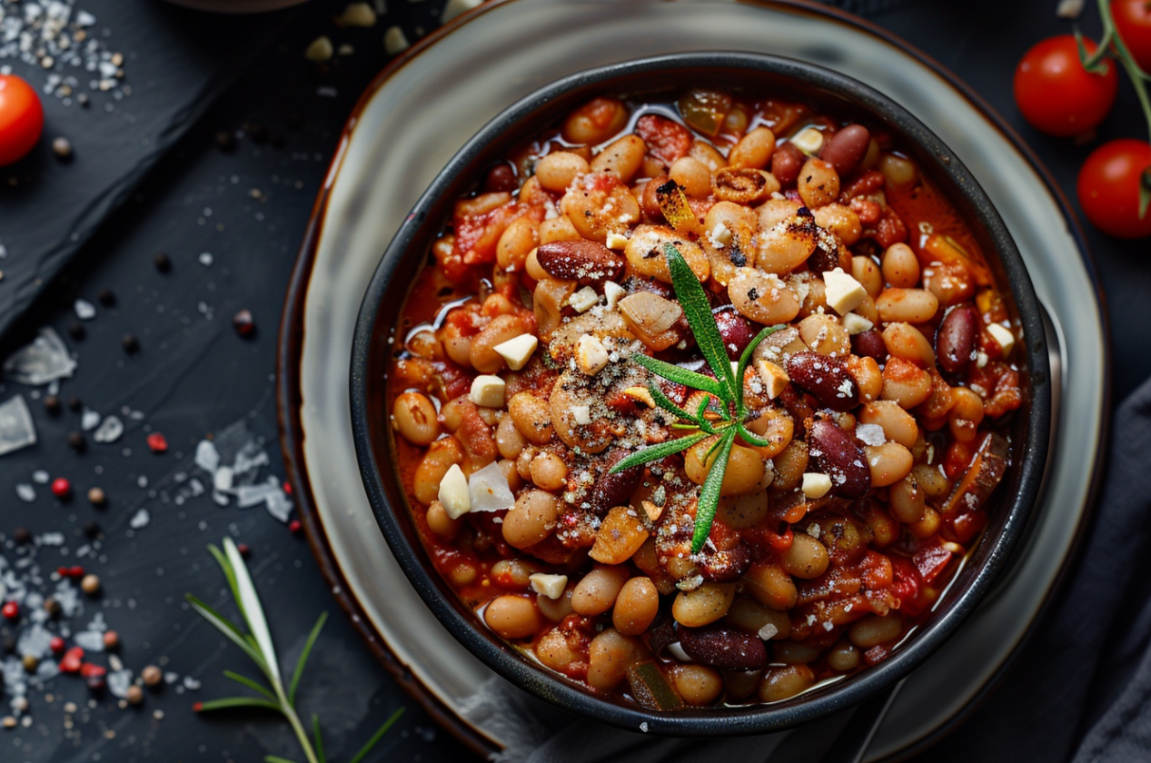 A bowl of homemade baked beans garnished with fresh parsley.