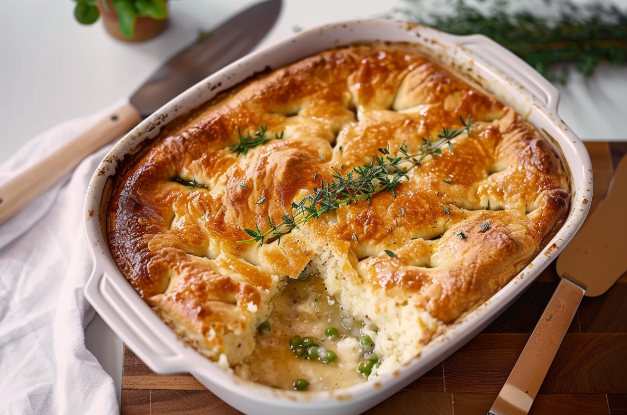 A hearty Chicken Cobbler with golden biscuit topping and a filling of shredded chicken and mixed vegetables.