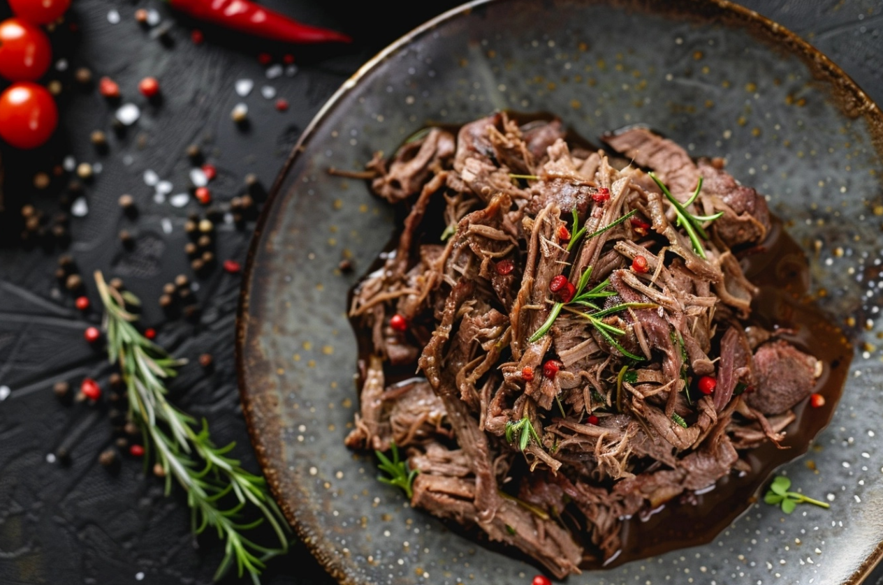 "A plate of tender shredded beef served with tortillas and garnished with fresh cilantro"