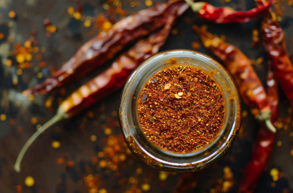 "Homemade chili seasoning mix in a bowl with various spices displayed on a wooden table"