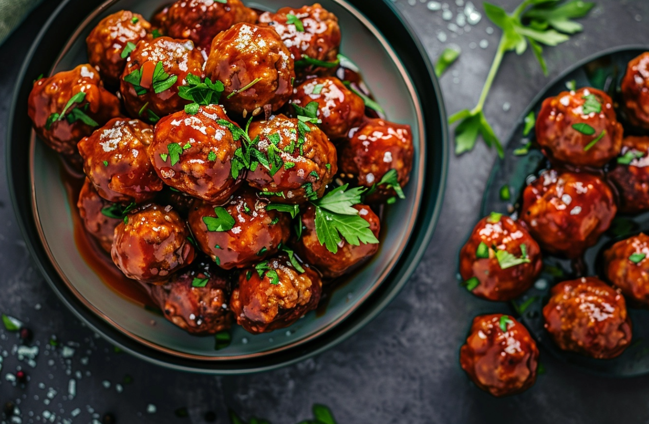 Delicious homemade meatballs in savory barbecue sauce served on a platter.