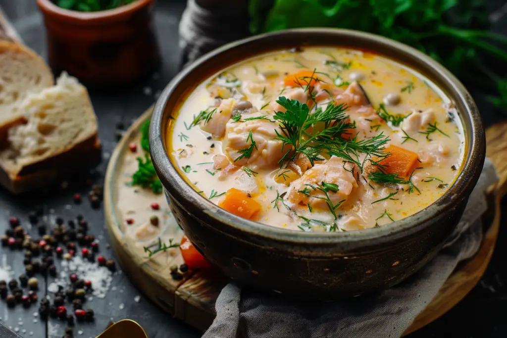 A bowl of creamy fish chowder with chunks of cod, diced potatoes, and a garnish of crumbled bacon, served with crusty bread.