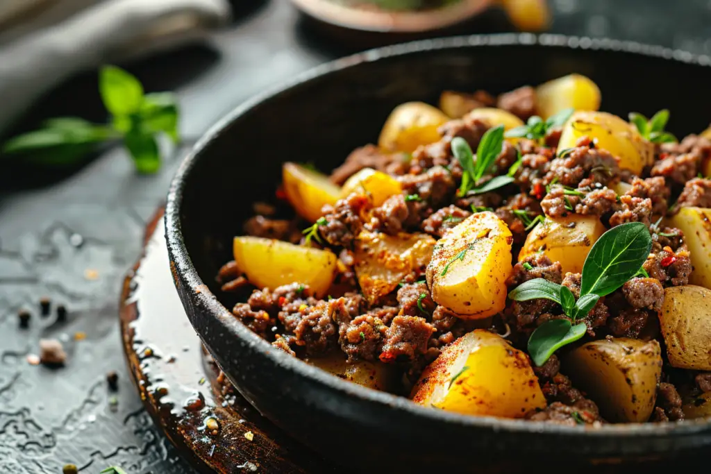A hearty skillet of ground beef and diced potatoes with green peas and a blend of spices, garnished with cilantro.