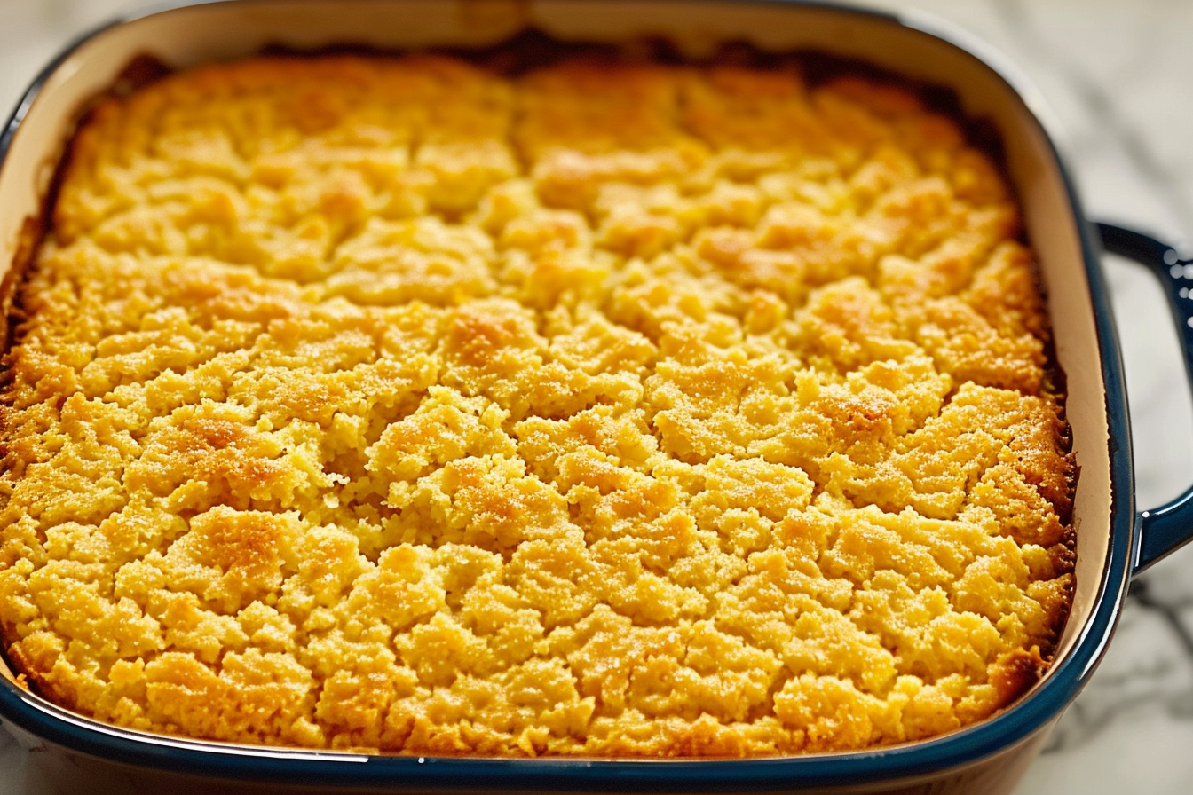 A delicious cornbread casserole fresh out of the oven, golden brown on top and ready to serve.