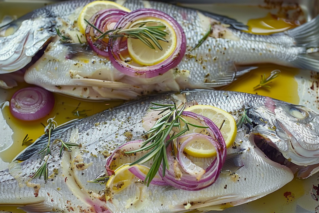 Mediterranean Branzino recipe with lemon wedges, rosemary, and herbs.