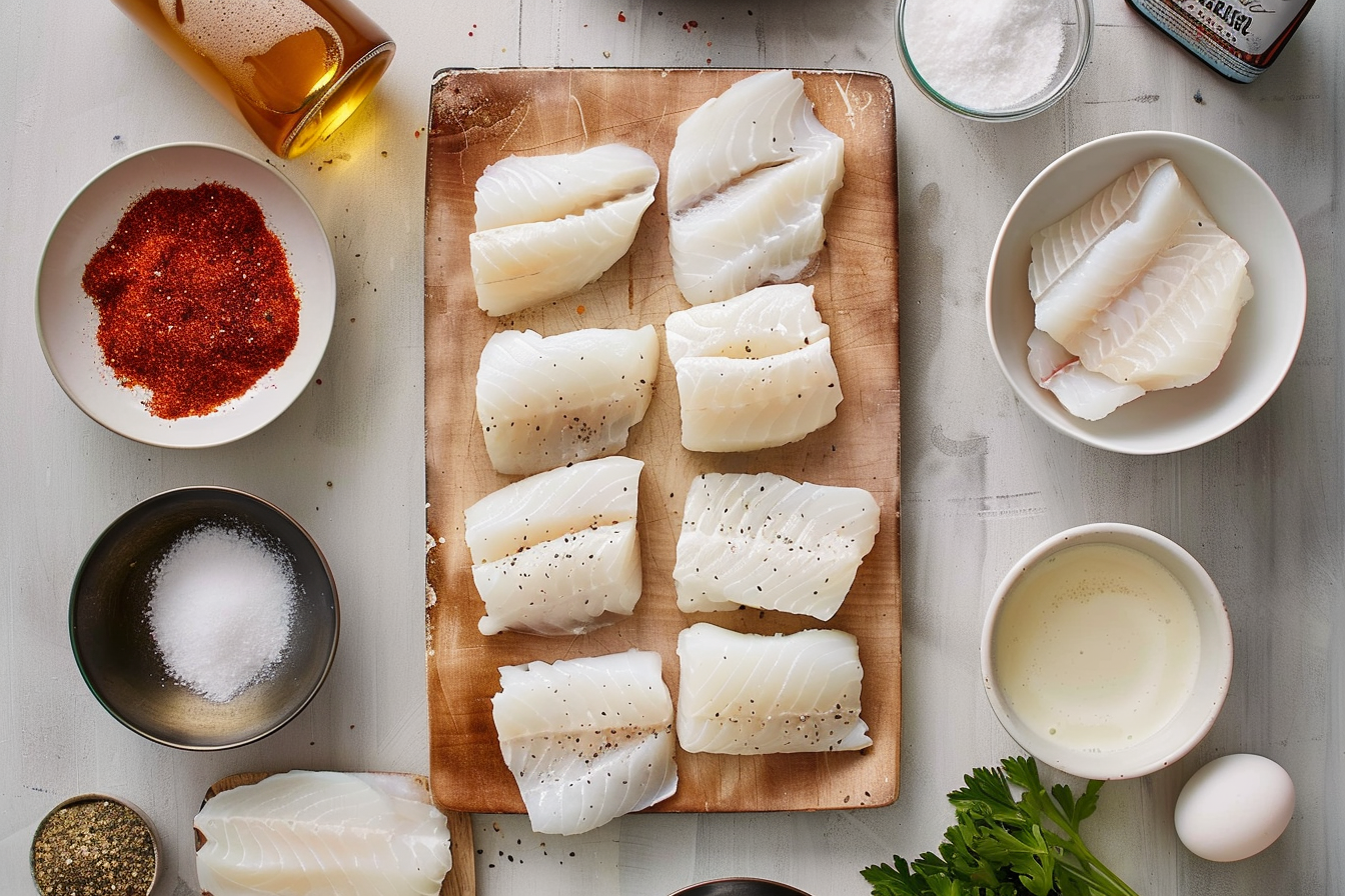 Crispy beer batter fish fillets served with lemon wedges and tartar sauce.