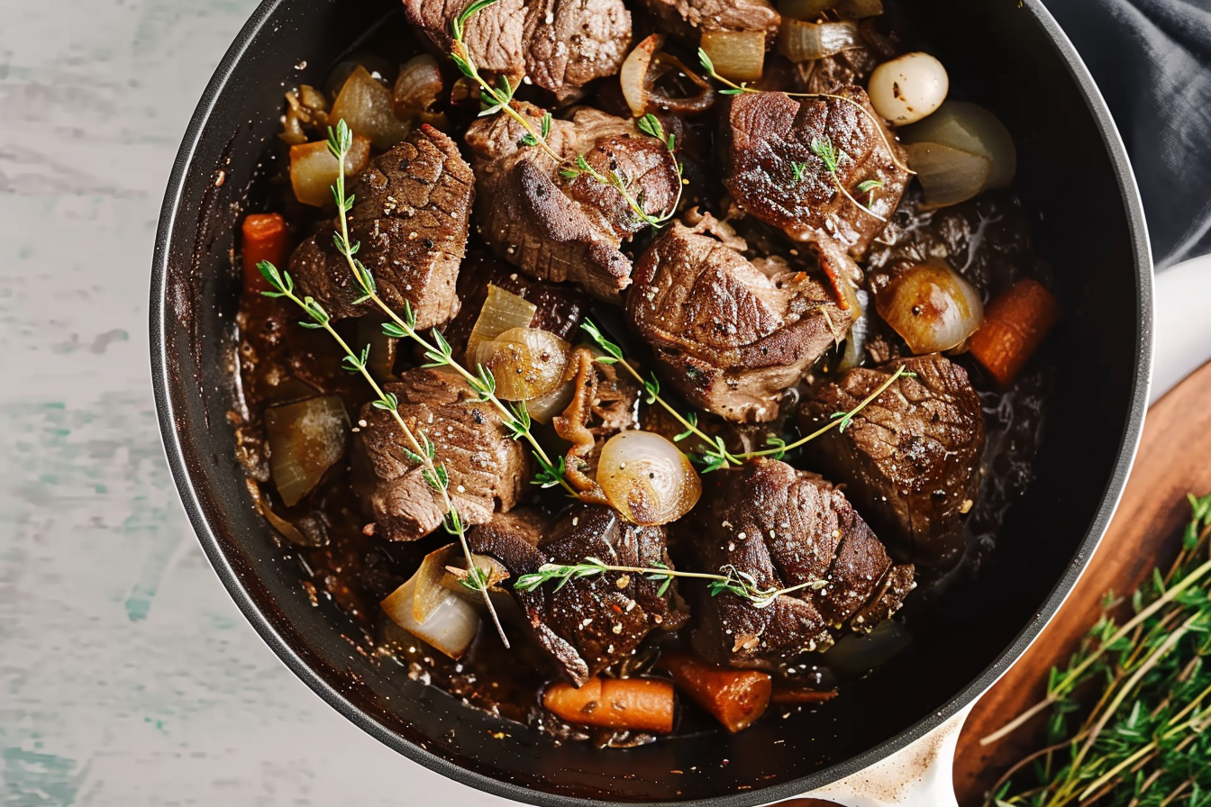 "A delicious and tender braised beef dish with carrots, mushrooms, and fresh herbs, perfect for a hearty meal."

