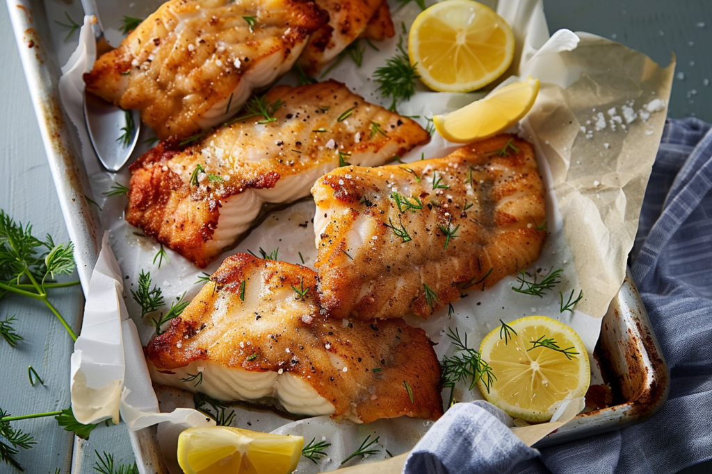 Crispy beer batter fish fillets served with lemon wedges and tartar sauce.