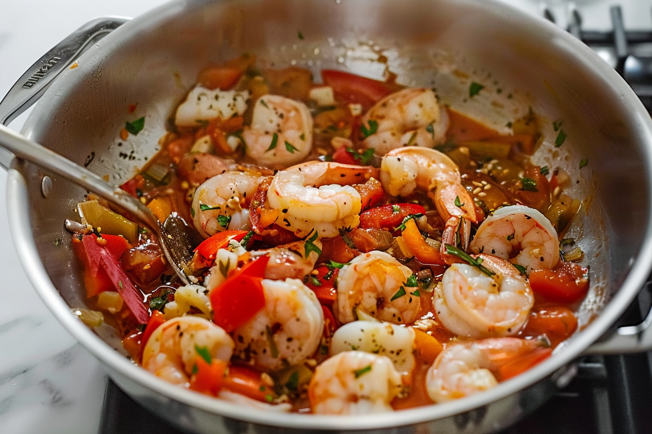 A steaming bowl of fish soup with chunks of cod, shrimp, and vegetables.