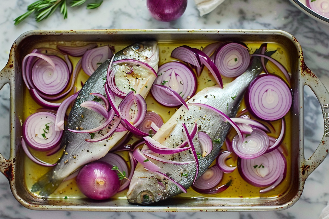 Mediterranean Branzino recipe with lemon wedges, rosemary, and herbs.