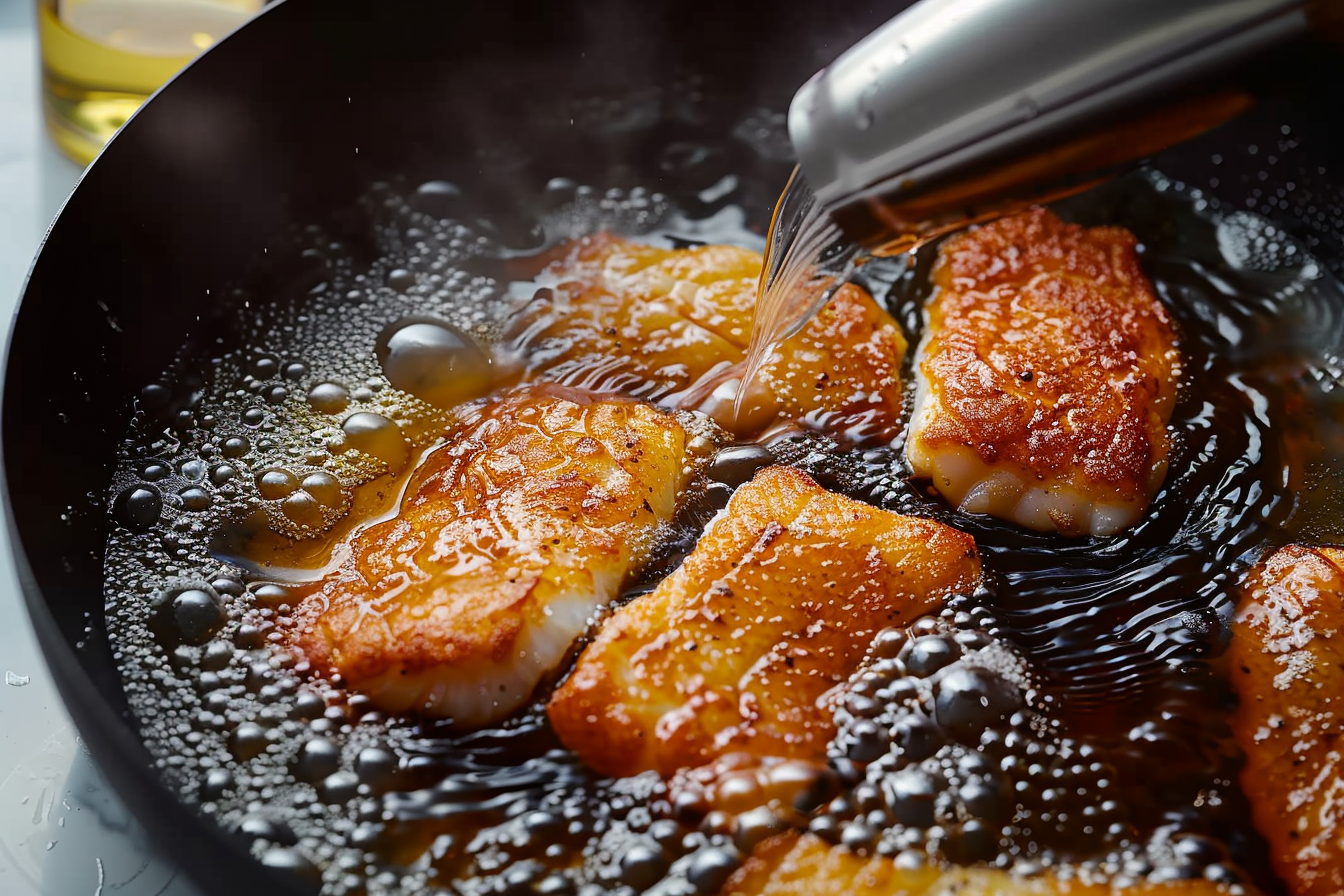 Crispy beer batter fish fillets served with lemon wedges and tartar sauce.