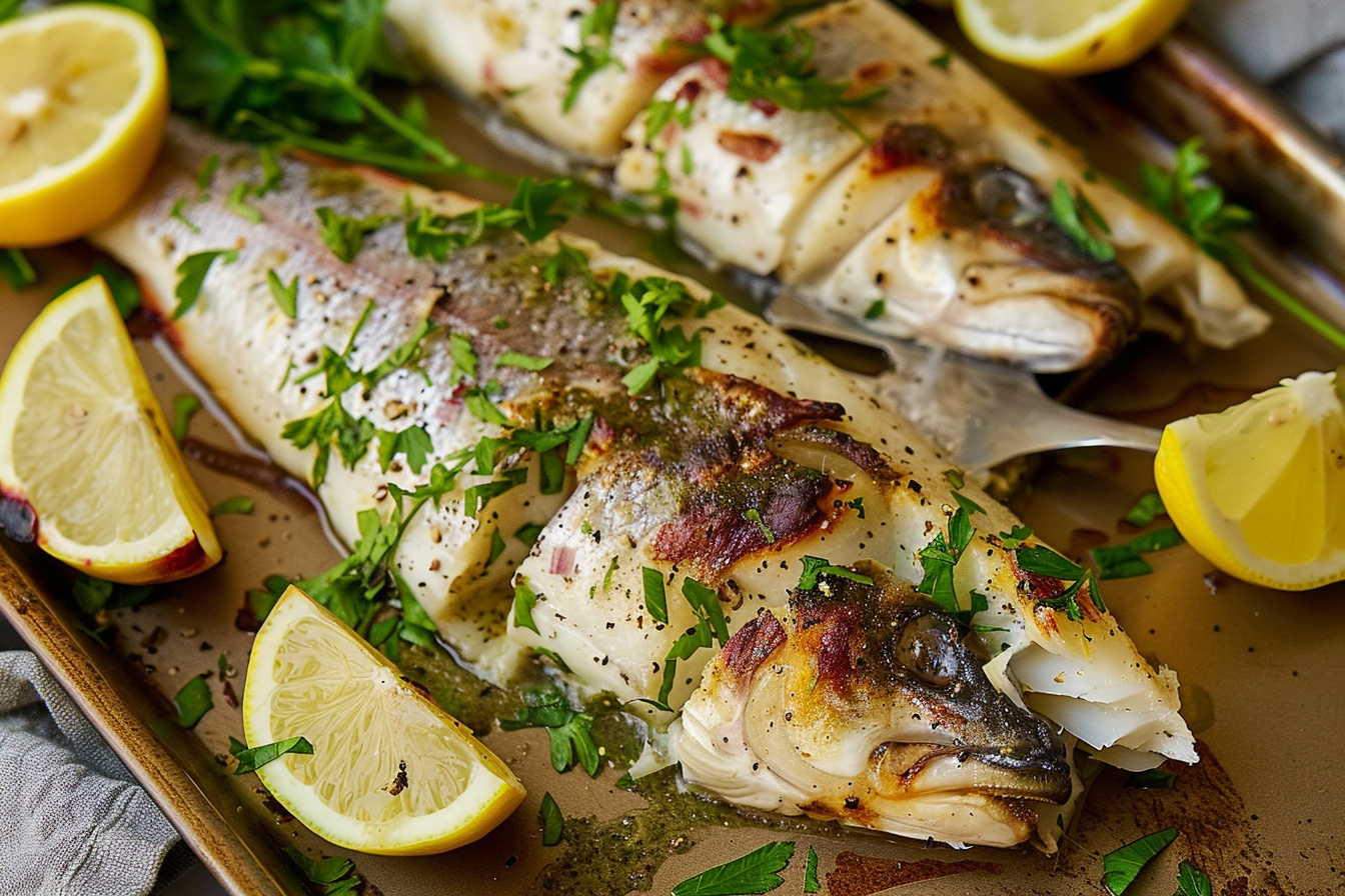 Mediterranean Branzino recipe with lemon wedges, rosemary, and herbs.