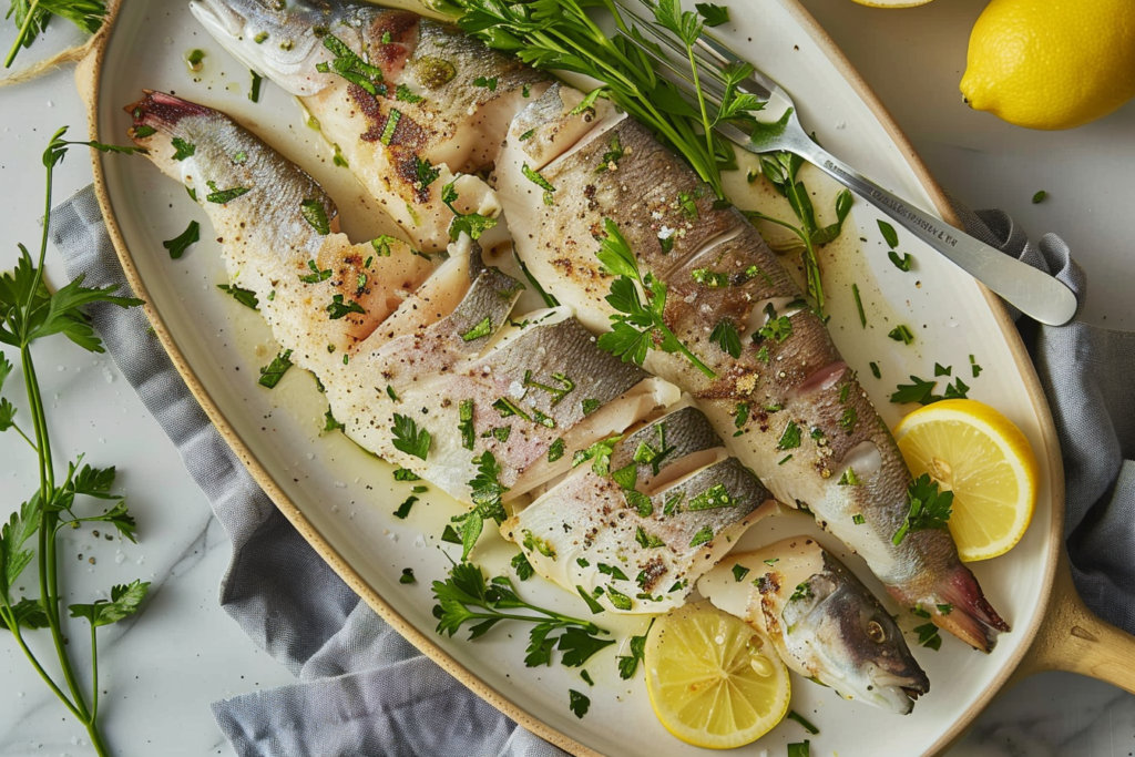 Mediterranean Branzino recipe with lemon wedges, rosemary, and herbs.