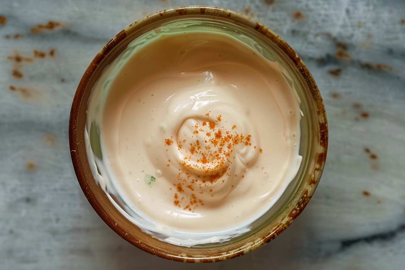 "Homemade fish taco sauce in a bowl, with ingredients like sour cream, mayonnaise, lime, garlic powder, and Sriracha sauce displayed around it."