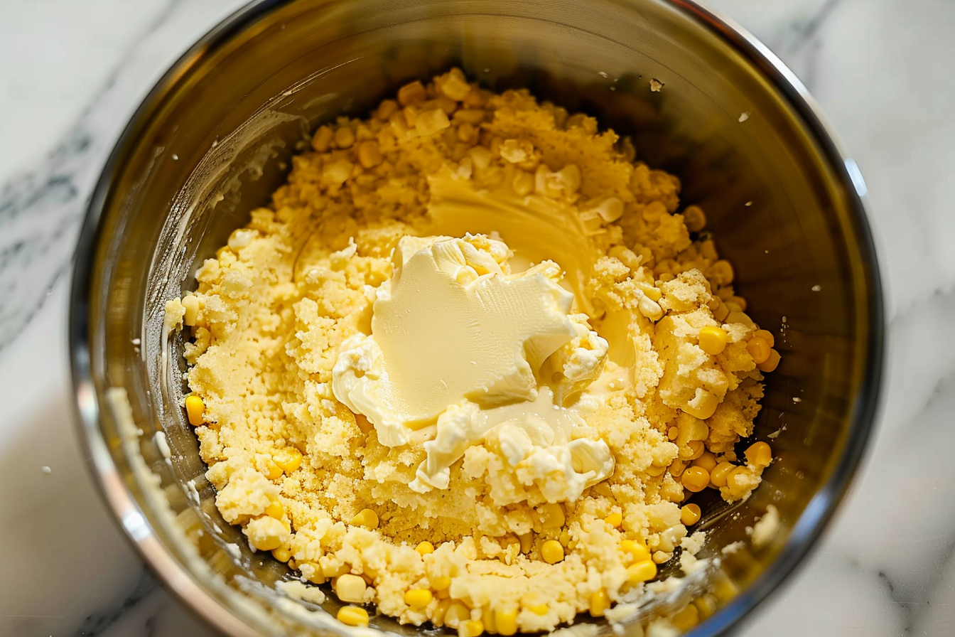 A delicious cornbread casserole fresh out of the oven, golden brown on top and ready to serve.