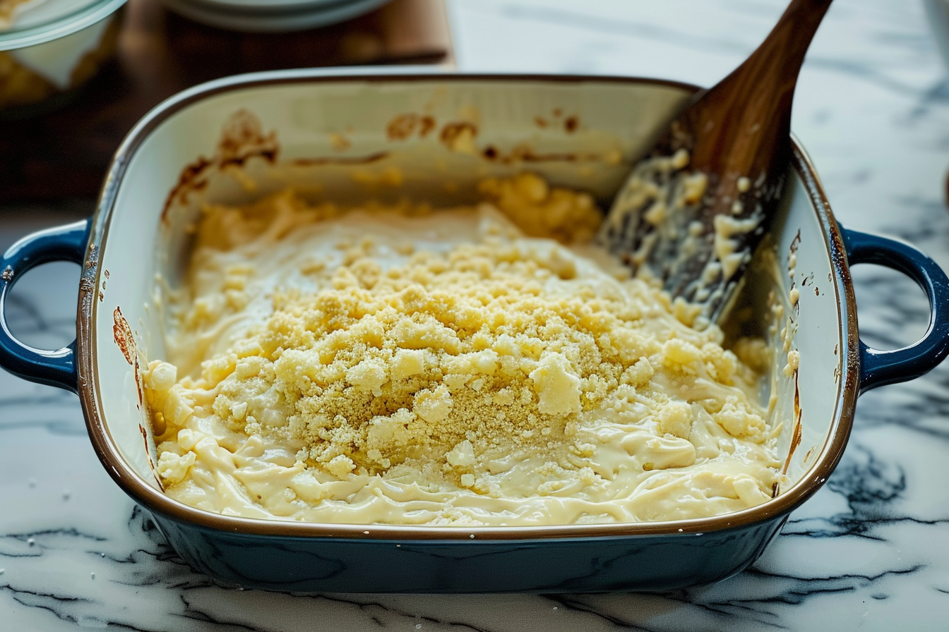 A delicious cornbread casserole fresh out of the oven, golden brown on top and ready to serve.