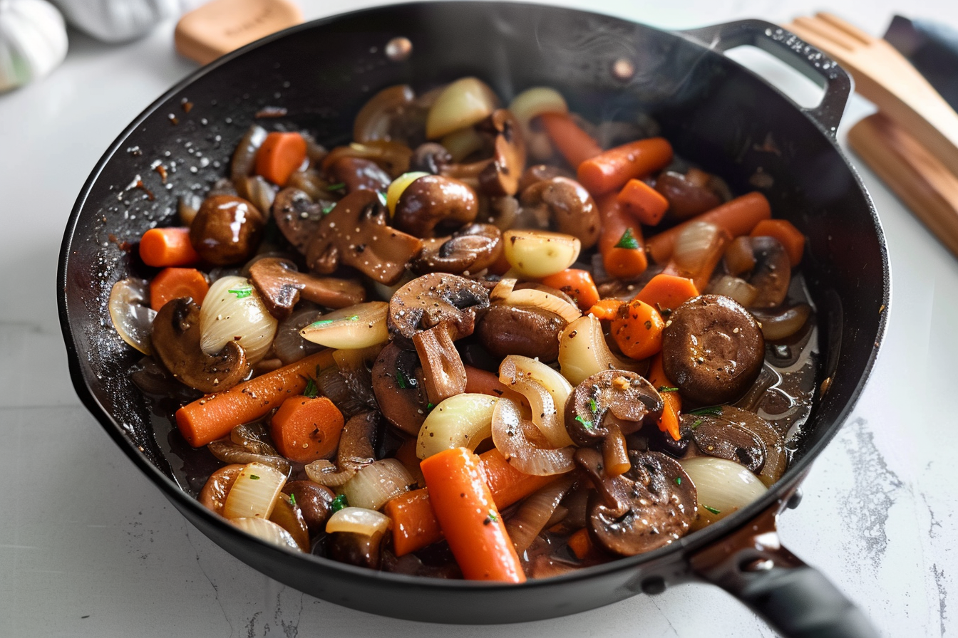 "A delicious and tender braised beef dish with carrots, mushrooms, and fresh herbs, perfect for a hearty meal."

