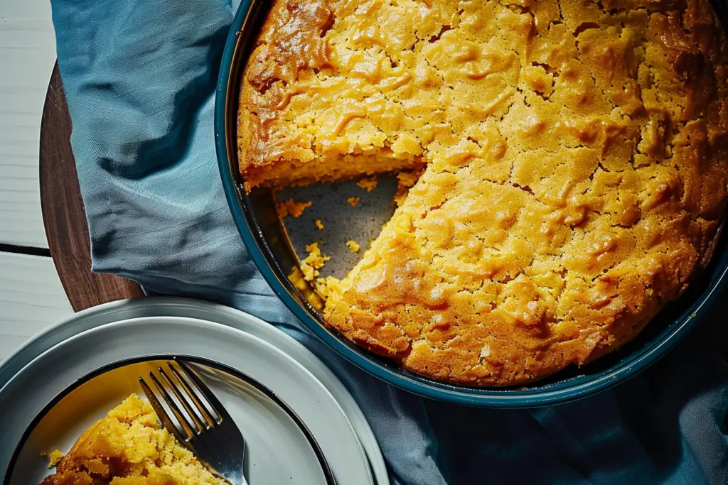 A delicious cornbread casserole fresh out of the oven, golden brown on top and ready to serve.