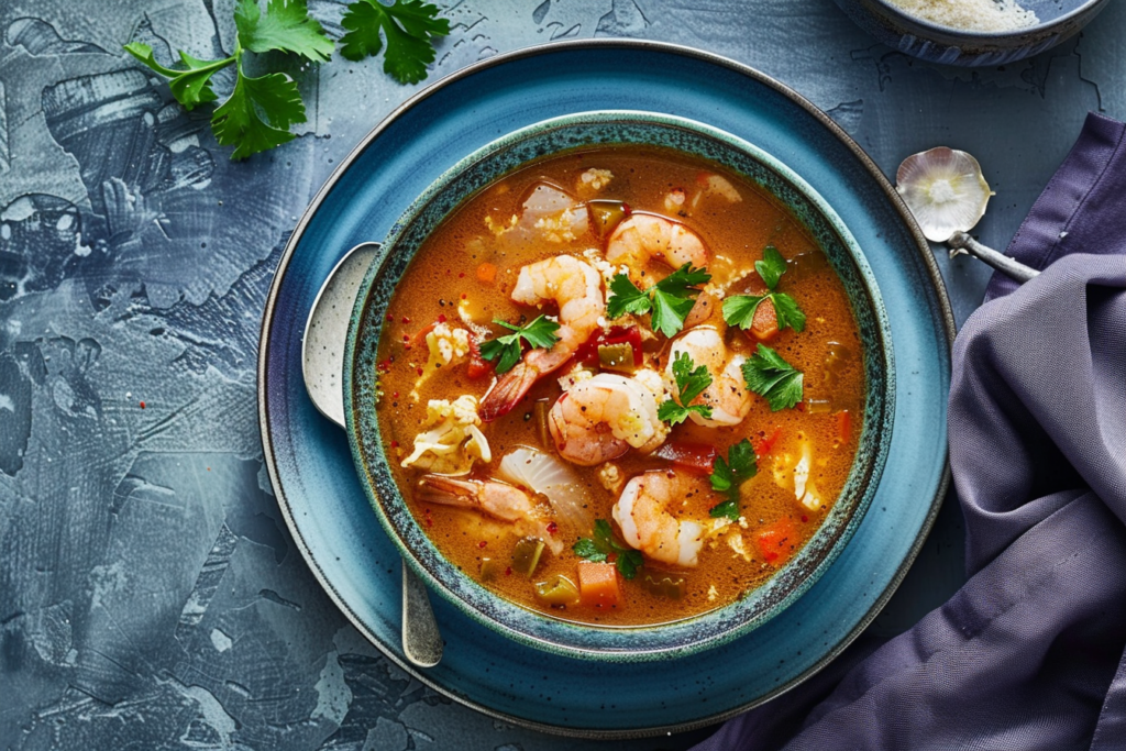 A steaming bowl of fish soup with chunks of cod, shrimp, and vegetables.