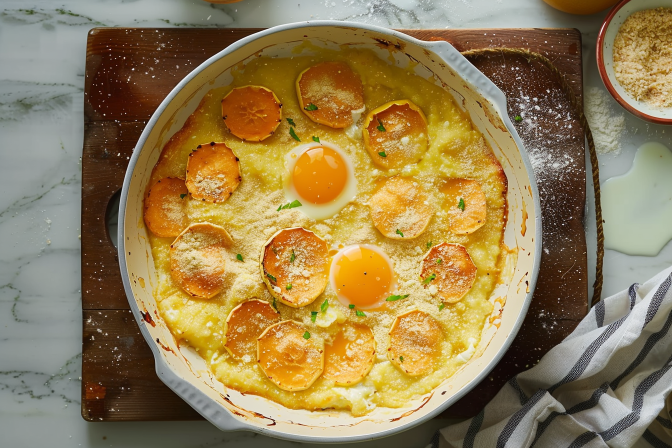 A baked squash casserole topped with melted cheese and crispy breadcrumbs, served in a ceramic dish.