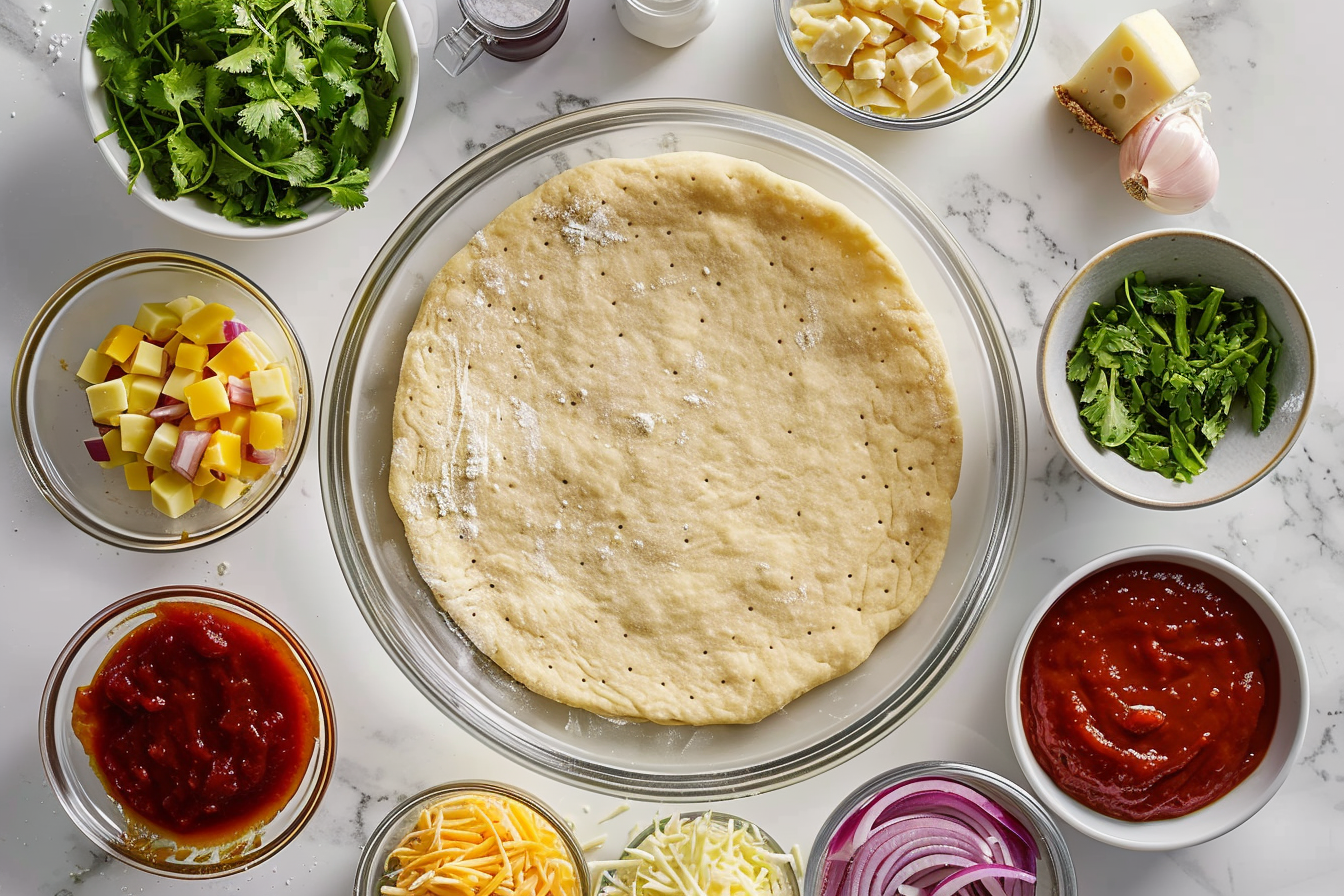 Delicious homemade BBQ Chicken Pizza topped with spicy barbecue sauce, tender chicken, red onions, pepperoncini peppers, cilantro, and melted Colby-Jack cheese.