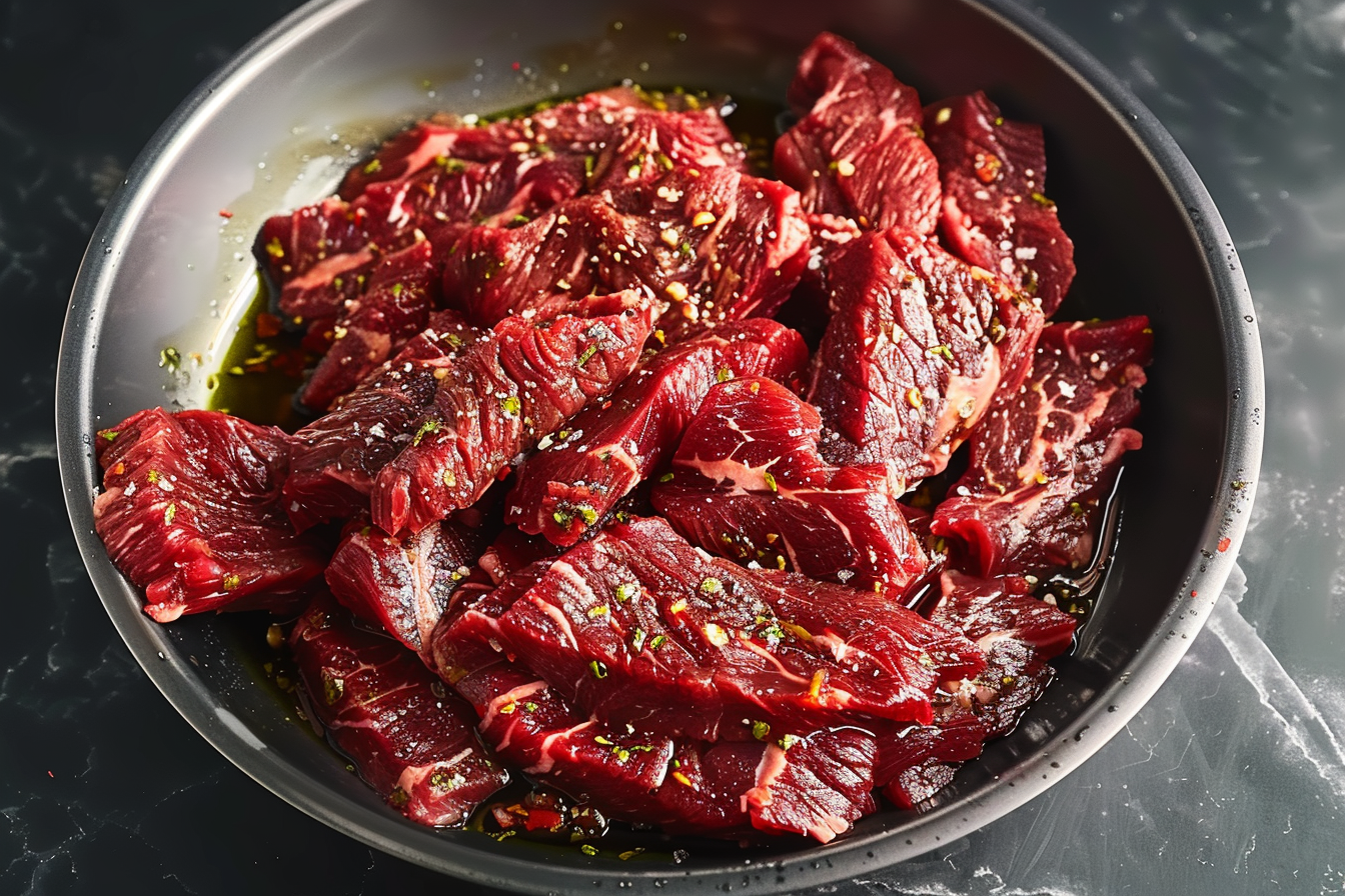 Close-up image of sizzling Beef Bulgogi with sesame seeds and green onions in a skillet.