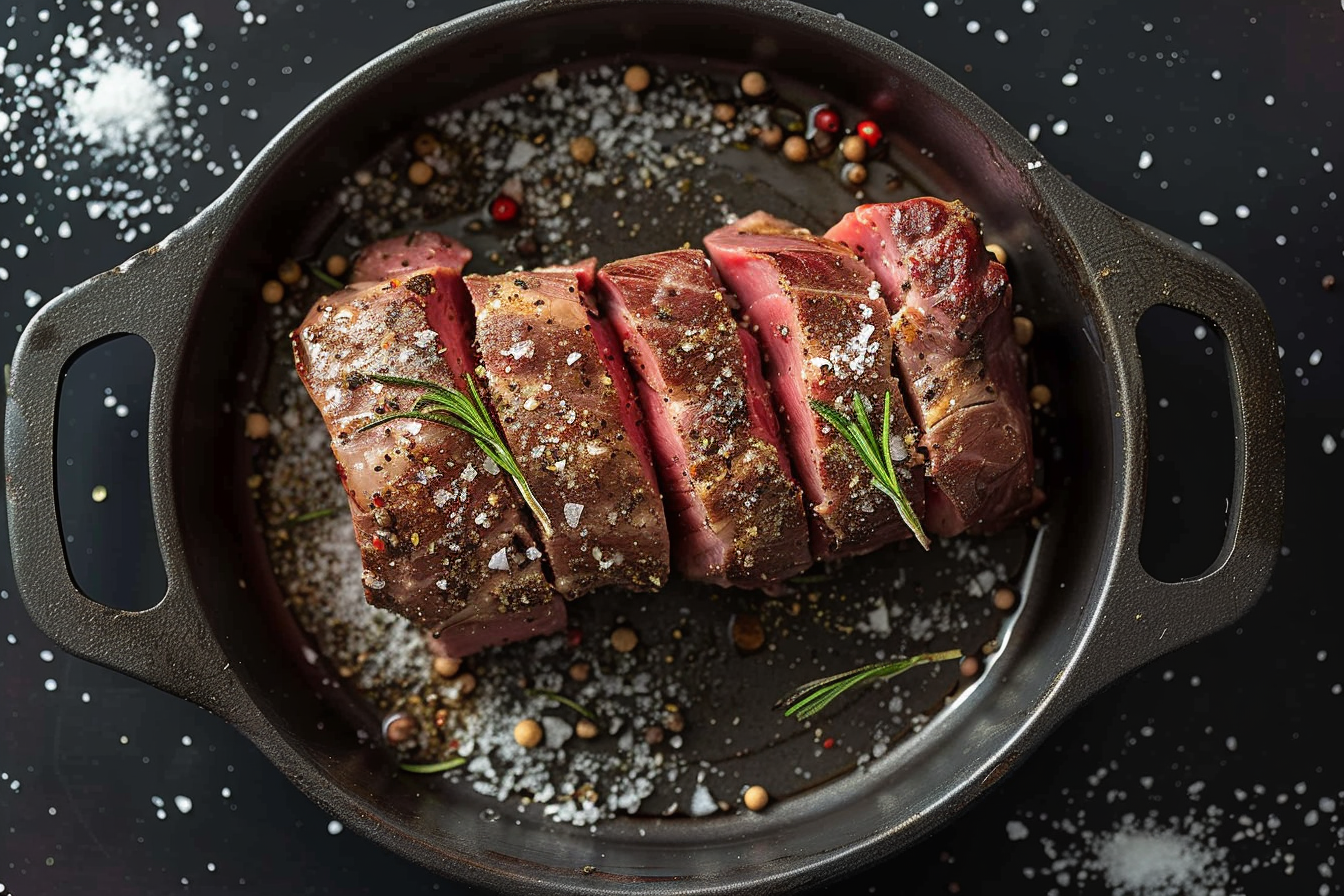 Sliced roast beef on a cutting board with herbs